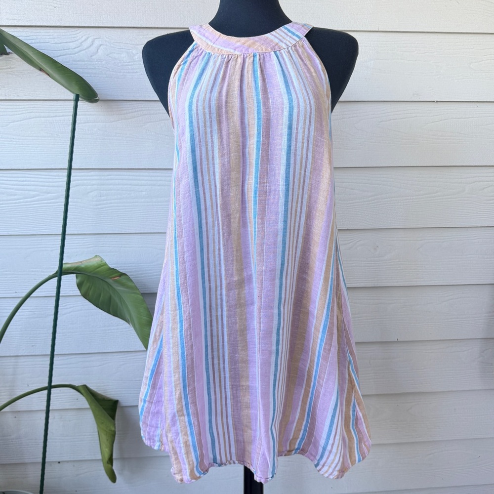 C&C California 100% Linen Sleeveless Blue and cream Palm tree Dress Size Small